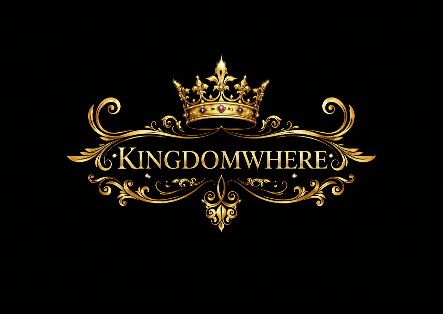 Gold 'Kingdomwhere' logo with a crown on a black background